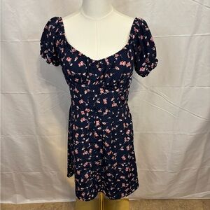 Rixxi Navy Floral Puff Sleeve Mini Dress Size Medium Cottagecore